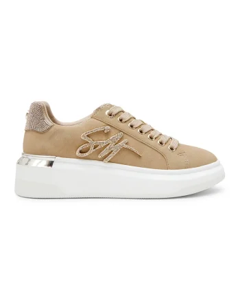 Pantofi sport din piele intoarsa sintetica cu toc masiv, Maro nisip