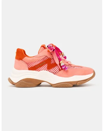 Pantofi sport din piele intoarsa cu garnituri din material textil, Roz somon/Portocaliu mandarina