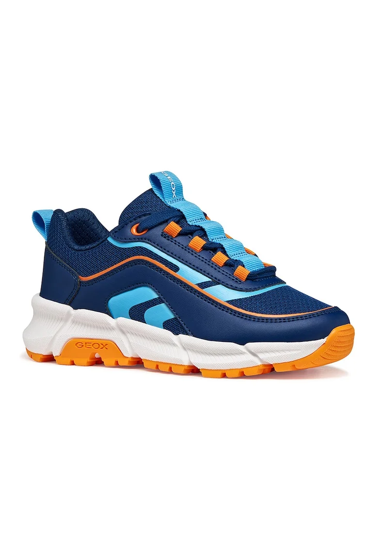 Pantofi sport din piele ecologica cu garnituri din plasa, Portocaliu/Albastru deschis/Bleumarin