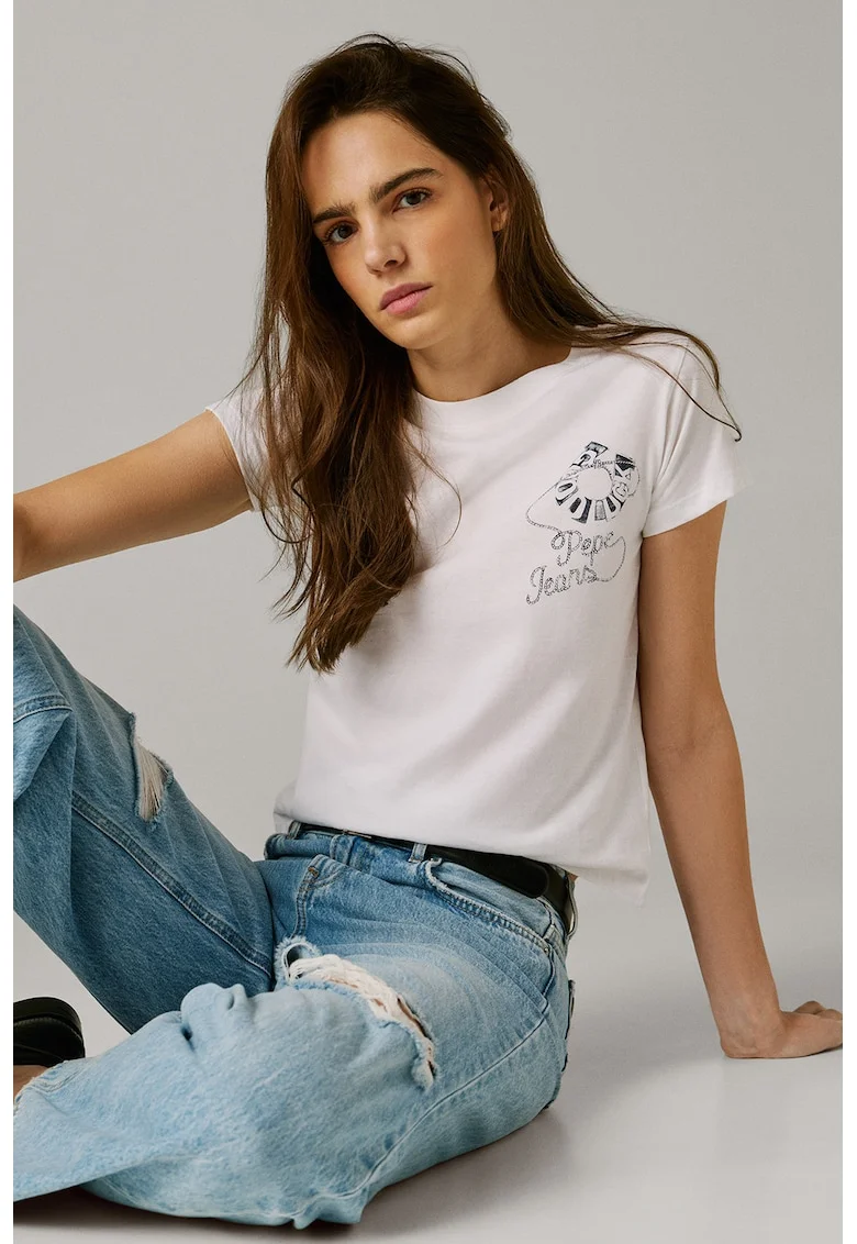 Tricou slim-fit cu decolteu la baza gatului Nancy, Alb/Bleumarin