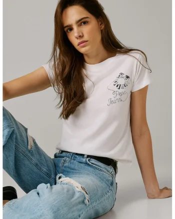 Tricou slim-fit cu decolteu la baza gatului Nancy, Alb/Bleumarin