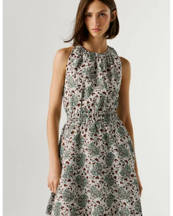 Rochie mini cu model, fara maneci, Verde/Maro cognac