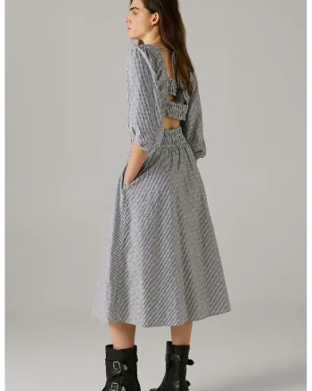 Rochie midi cu maneci 3/4 si dungi, Alb/Bleumarin