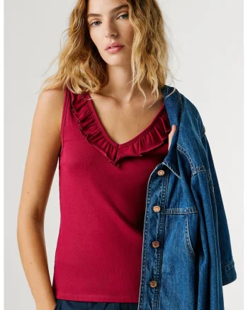 Top slim fit cu volane, Rosu inchis