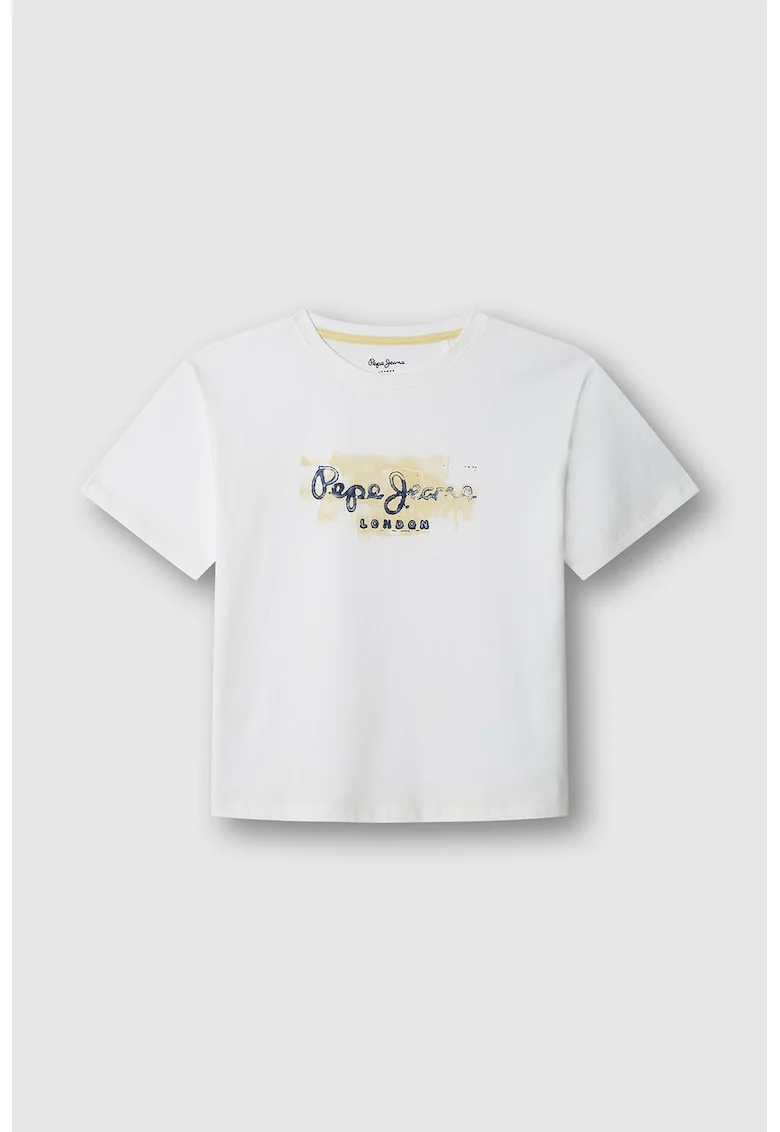 Tricou de bumbac cu decolteu la baza gatului, Bej/Alb optic/Bleumarin