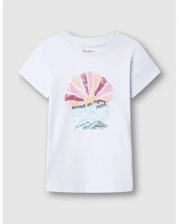 Tricou cu decolteu la baza gatului si imprimeu, Roz deschis/Portocaliu pal/Rosu stins/Alb optic