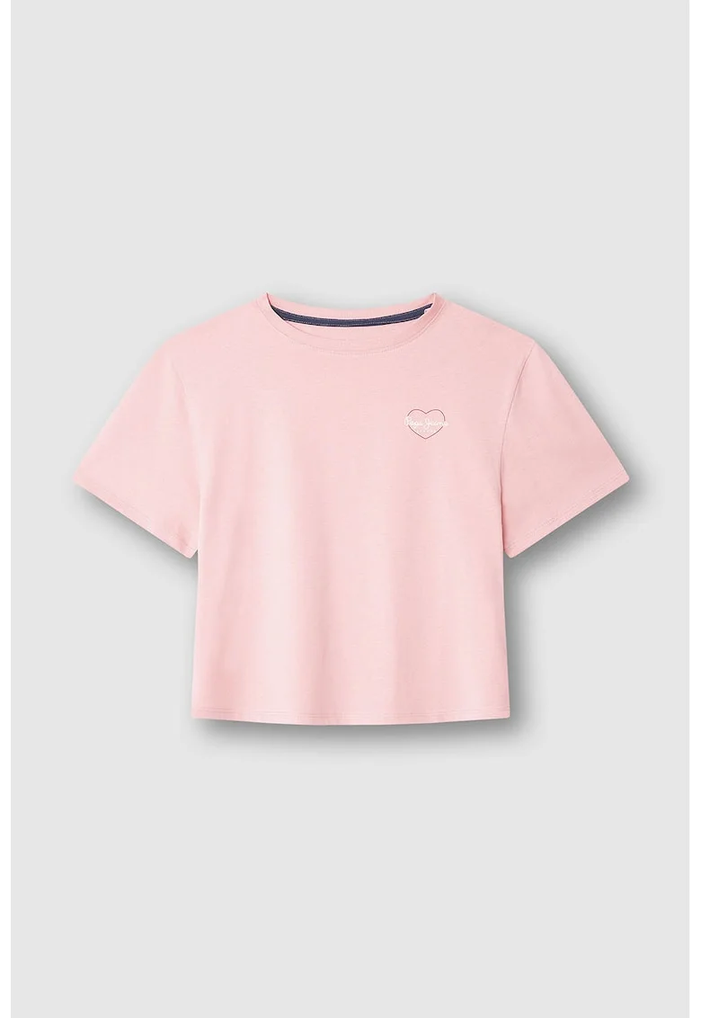 Tricou din bumbac cu decolteu la baza gatului, Roz deschis