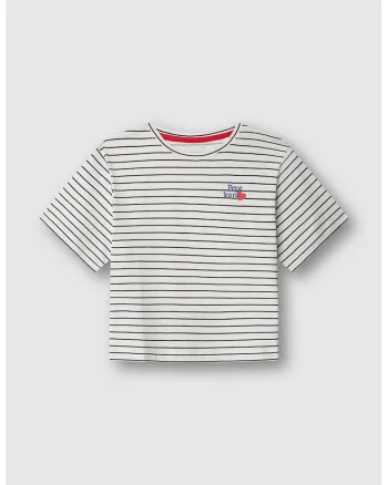 Tricou cu decolteu la baza gatului si dungi, Albastru inchis/Coral/Alb murdar/Bleumarin