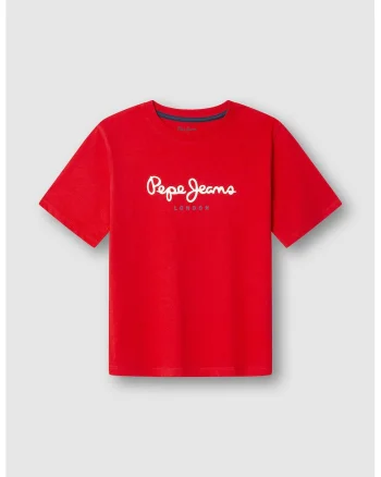 Tricou de bumbac cu imprimeu logo, Albastru azur/Alb optic/Rosu vermillion