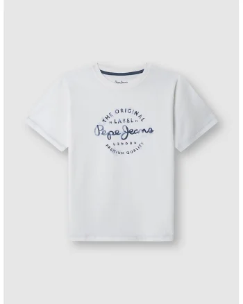Tricou cu logo si decolteu rotund, Alb optic/Bleumarin