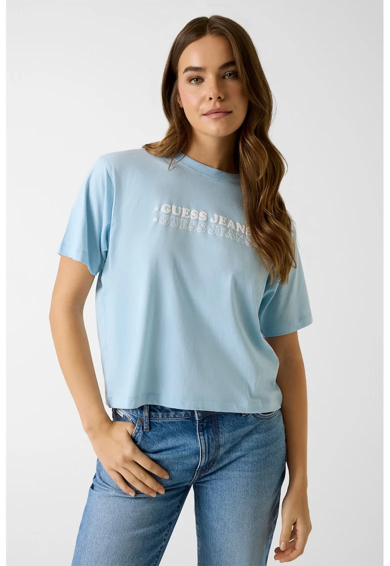 Tricou cu decolteu la baza gatului si logo, Albastru pastel/Alb optic
