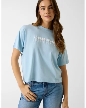 Tricou cu decolteu la baza gatului si logo, Albastru pastel/Alb optic