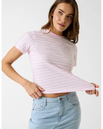 Tricou din amestec de bumbac cu dungi, Roz deschis/Alb optic