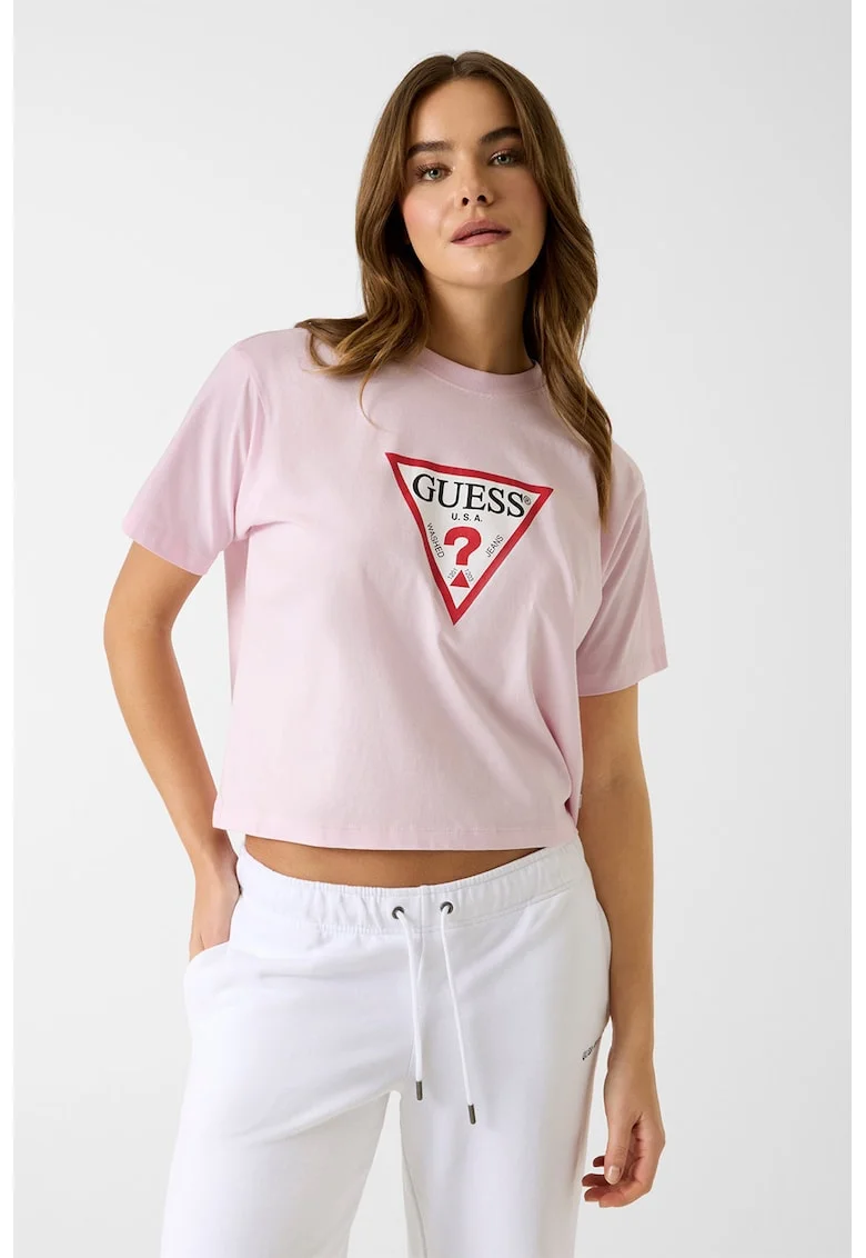 Tricou lejer din bumbac organic cu imprimeu logo pe piept, Roz pastel/Alb optic/Rosu vermillion