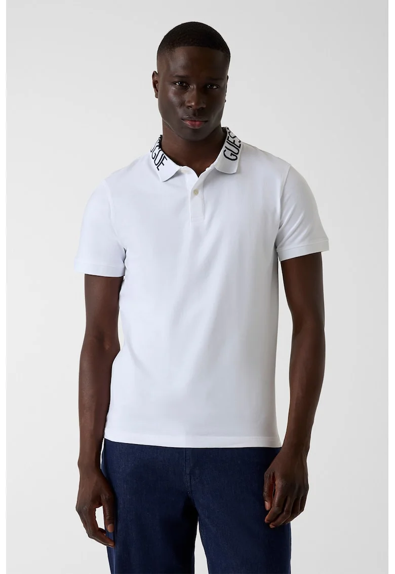 Tricou polo cu croiala slim-fit si guler cu logo, Negru stins/Alb optic