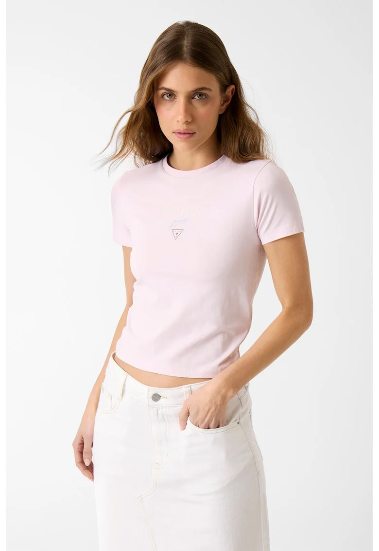 Tricou crop cu croiala cambrata si logo, Roz pastel
