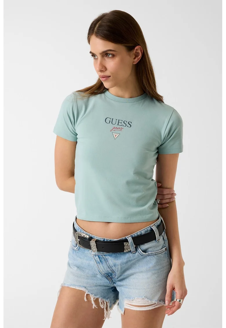 Tricou crop cu croiala cambrata si logo, Rosu/Verde persan