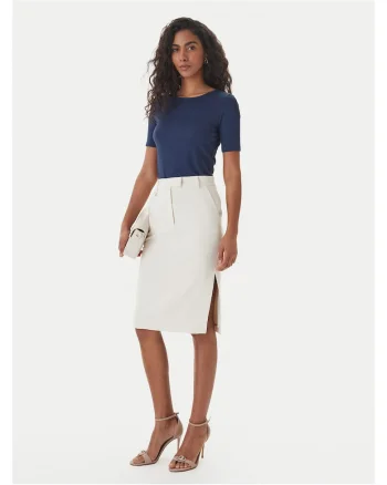 Fusta midi  poliester, ecru, fermoar, 90% poliester, 10% elastan