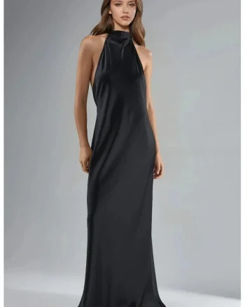 Rochie Maxi  Satin, Guler Halter, Negru, Femei