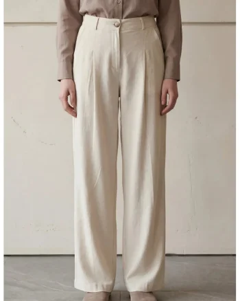 Pantaloni dama,  plisati, talie inalta, crem