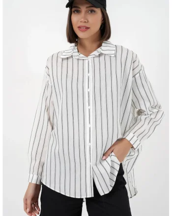 Camasa dama  supradimensionata cu dungi, alb, textil
