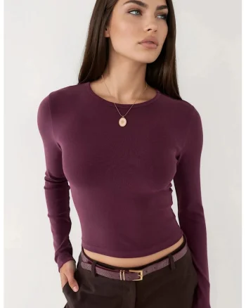 Bluza dama  maneca lunga, guler rotund, mov, bumbac-elastan