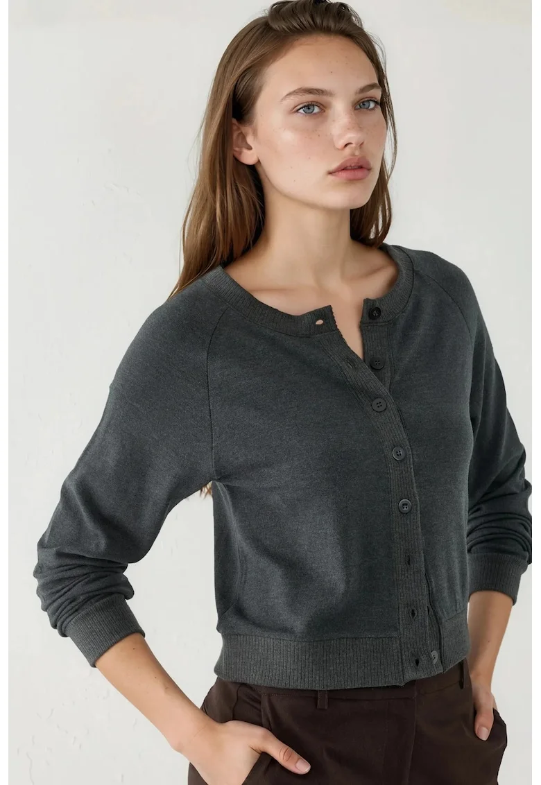 Cardigan  femei, gri, jerseu, decolteu rotund, nasturi