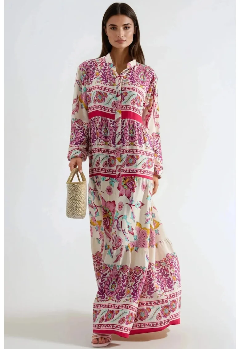 Rochie Maxi,  decolteu in V, imprimeu, roz, pentru femei, viscoza