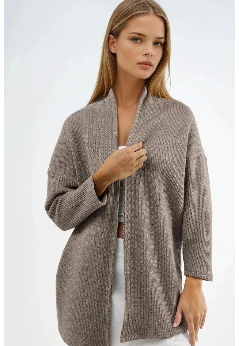 Cardigan lung tricotat  maro natural, bumbac si poliester, pentru femei