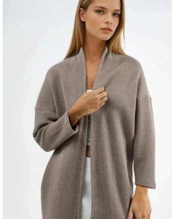 Cardigan lung tricotat  maro natural, bumbac si poliester, pentru femei