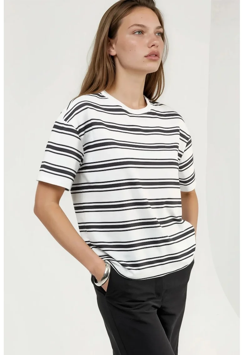 Tricou supradimensionat dama,  dungi, negru/alb, Negru