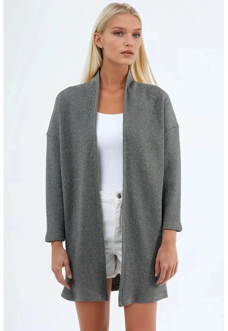 Cardigan lung  gri inchis, tricotat, 85% bumbac, 15% poliester,