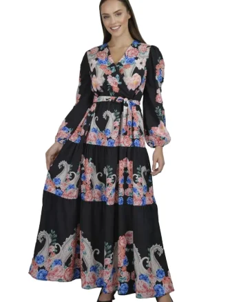 Rochie Maxi,  imprimeu floral, decolteu in V, negru