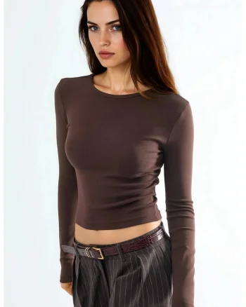 Bluza dama  maneca lunga, guler rotund, bumbac, maro