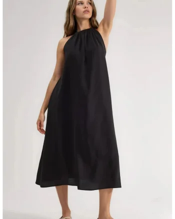 Rochie lunga dama,  detalii drapate, negru, poliester/modal