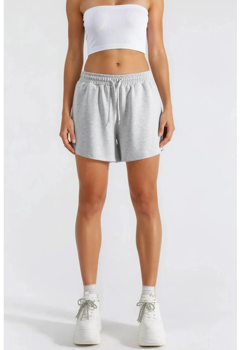 Pantaloni scurti,  talie medie, croiala larga, gri, textil
