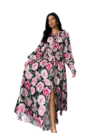 Rochie Maxi Florala MSN, maneci lungi, guler elegant, multicolor, poliester-lycra