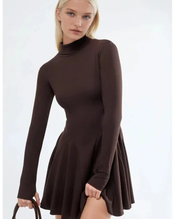 Rochie  Mini, guler inalt, maro, bumbac-elastan
