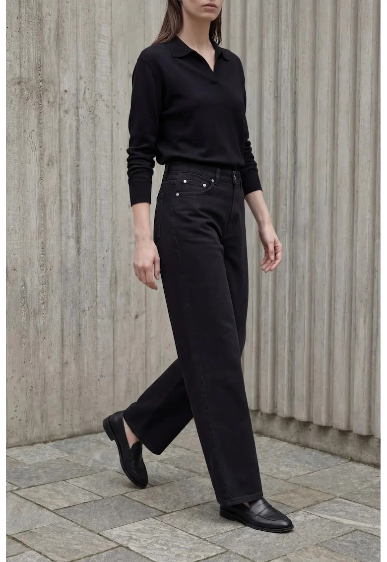 Pantaloni dama,  talie inalta, croiala larga, negru, bumbac