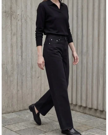 Pantaloni dama,  talie inalta, croiala larga, negru, bumbac