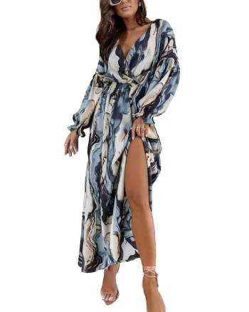 Rochie Maxi,  abstracta cu slit si decolteu in V, poliester-bumbac-lycra