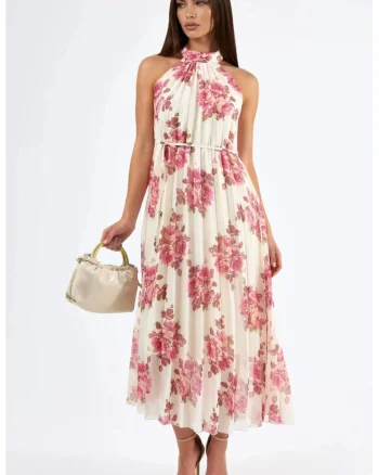 Rochie Maxi  florala, crem natural