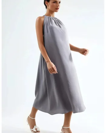 Rochie Maxi  gri, modal si poliester, detaliu drapat
