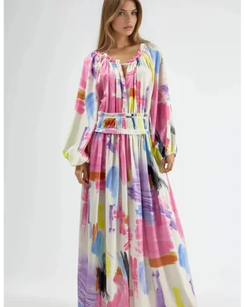 Rochie Maxi,  imprimeu abstract, roz, poliester/lycra