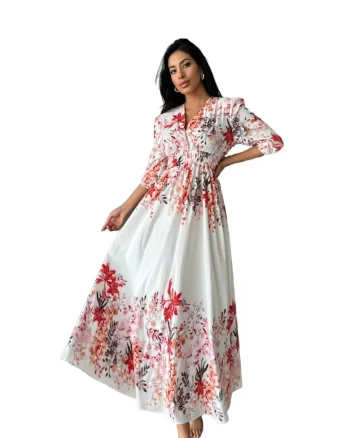 Rochie maxi,  floral, decolteu in V, alb, poliester/lycra