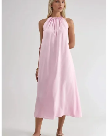 Rochie lunga  detalii drapate, poliester/modal, Roz pudrat