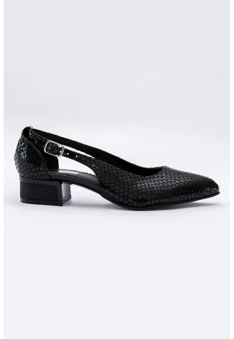 Pantofi din piele cu aspect piele de sarpe si varf ascutit, Negru