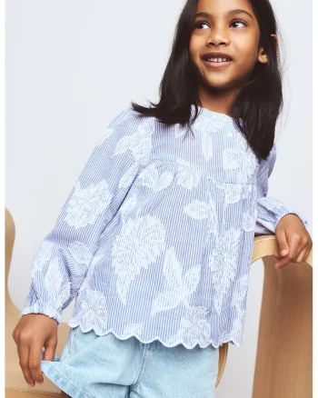 Bluza din bumbac cu model in dungi si broderie, Alb/Albastru