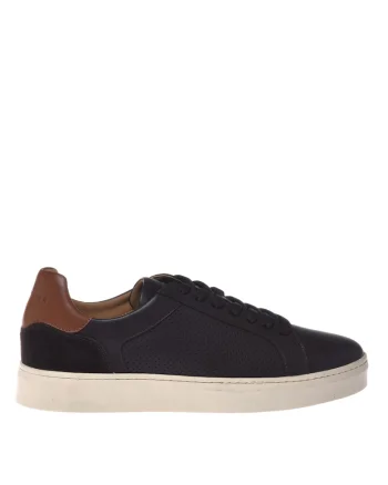 Pantofi sport de piele cu garnituri de piele intoarsa si perforatii, Maro inchis