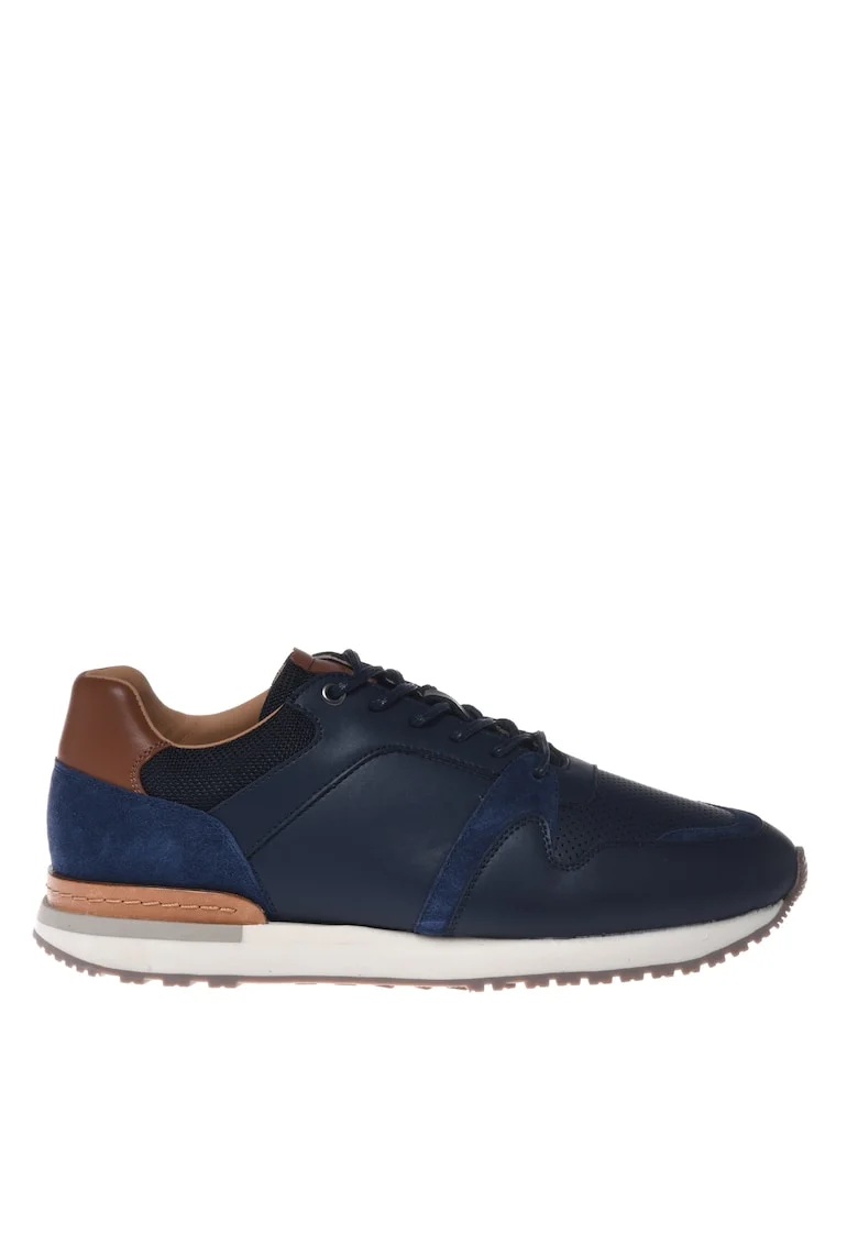 Pantofi sport de piele si piele intoarsa cu perforatii, Albastru inchis